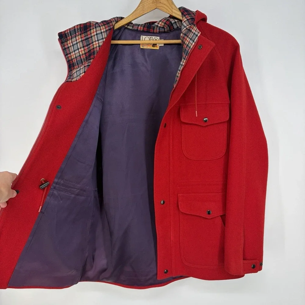 VTG 70s Lobo Pendleton Women 40 Hooded Red Wool Coat Plaid Grunge Chore Barn M - Picture 6 of 10